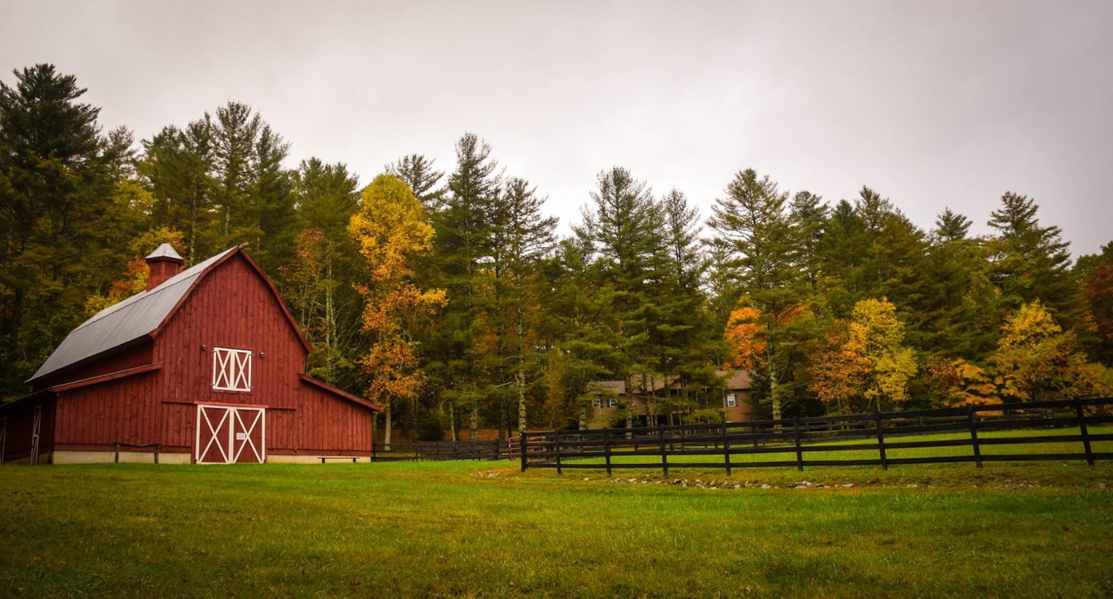 A red barn among autumn trees on the homestead
